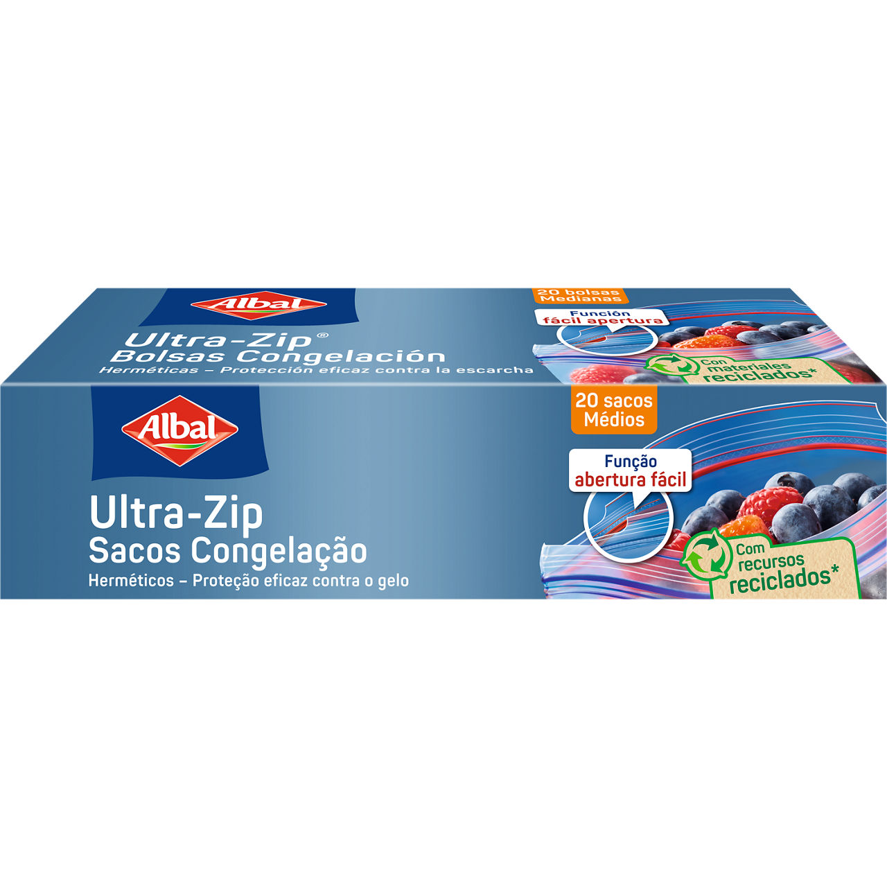 Frente da embalagem de sacos para congelação Albal® Ultra-Zip®, 1L  com imagem do produto