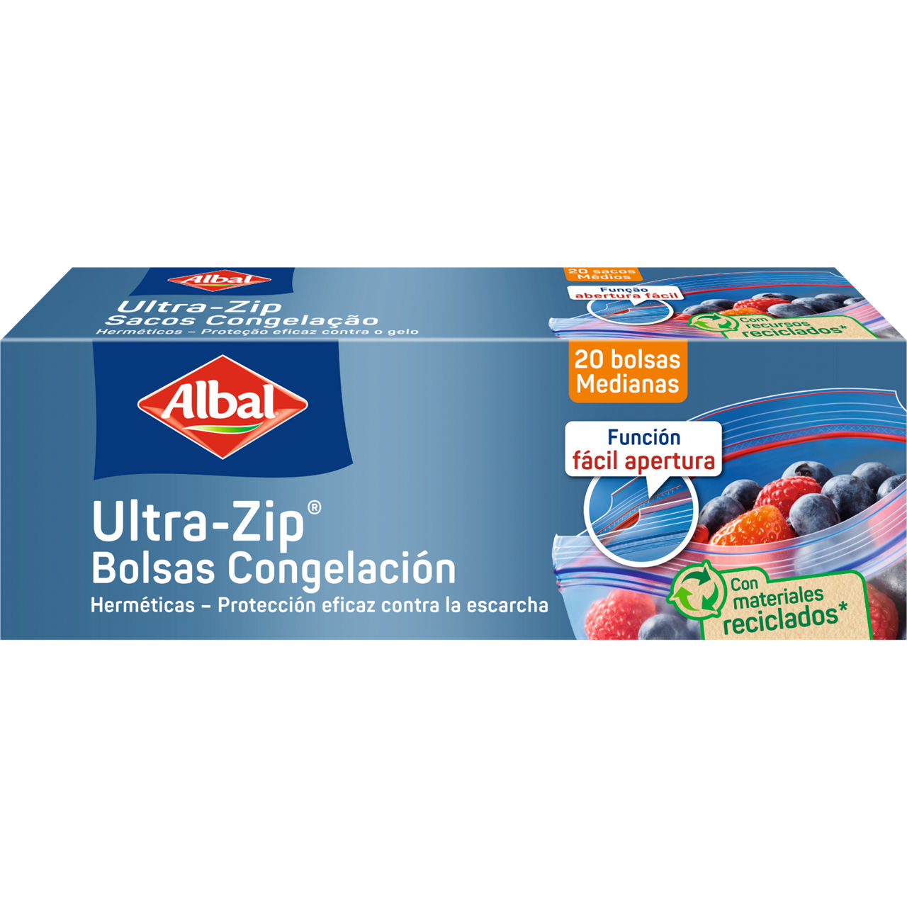 Caja de bolsas de congelación Ultra-Zip medianas, herméticas, con función de fácil apertura y fabricadas con materiales reciclados, contiene 20 unidades.
