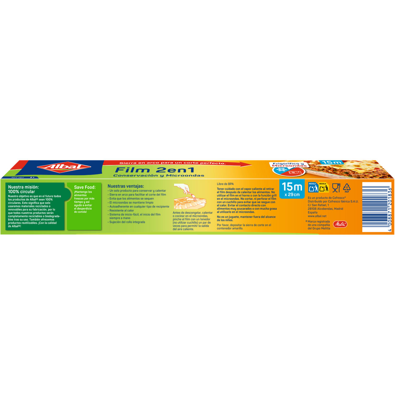 Parte trasera de la caja de bolsas de conservación de 25 x 32 cm, con ventajas, instrucciones y símbolo reciclable, contiene 30 unidades.