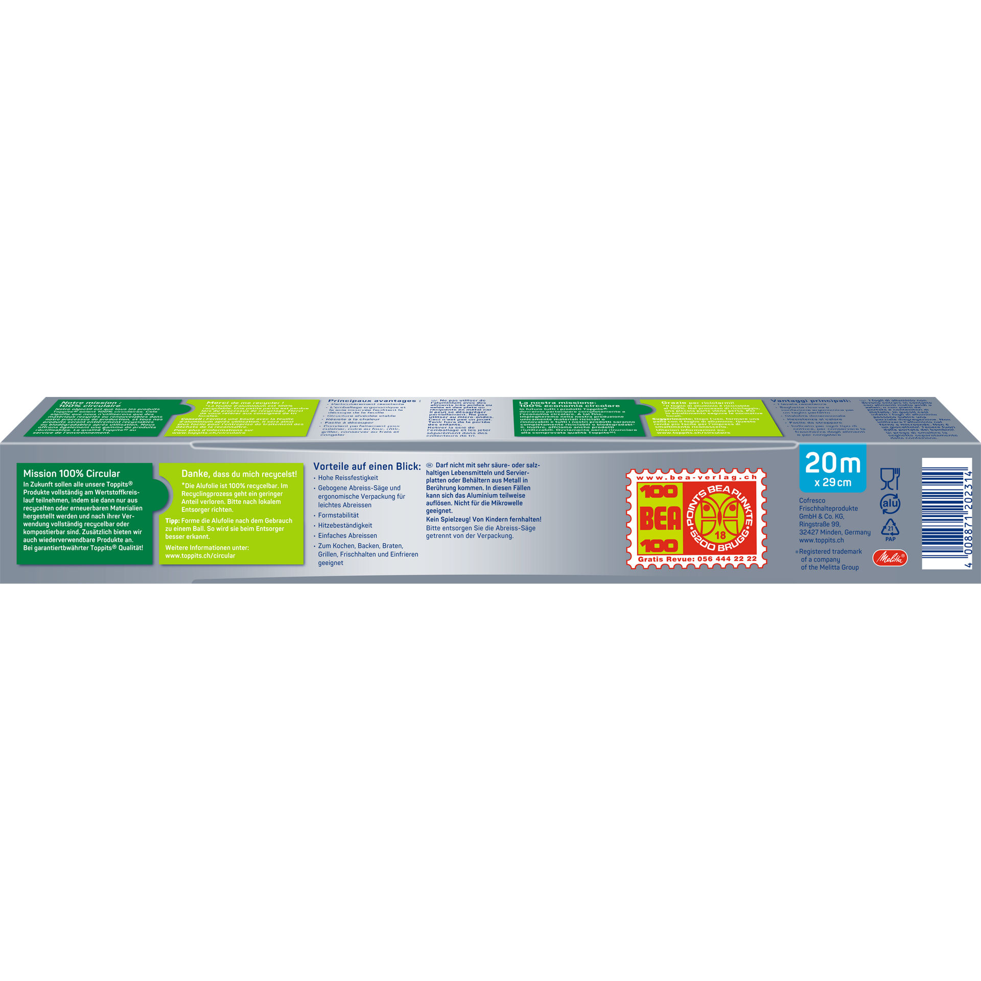 Toppits Alufolie Verpackung Rückseite 20m Schweiz