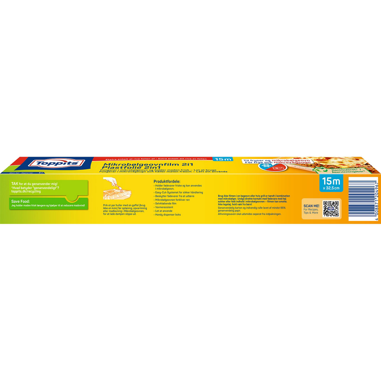Bagsiden af Toppits® mikrobølgefolie 2-i-1 emballage med produktinformation og brugsanvisning
