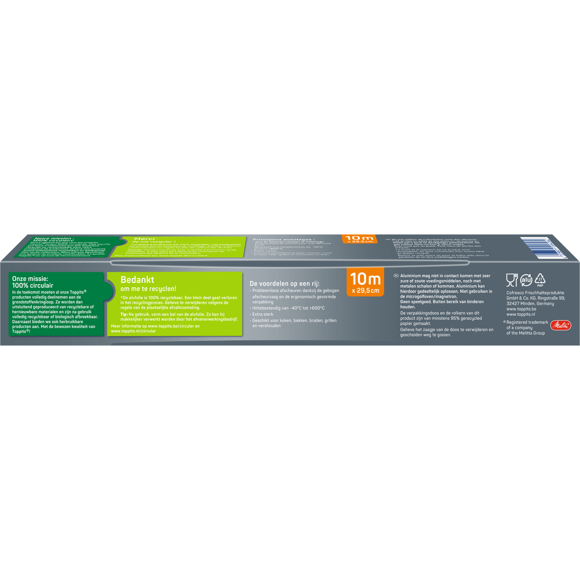 Achterkant van Toppits Superalu 10m met info over circulariteit en productvoordelen.