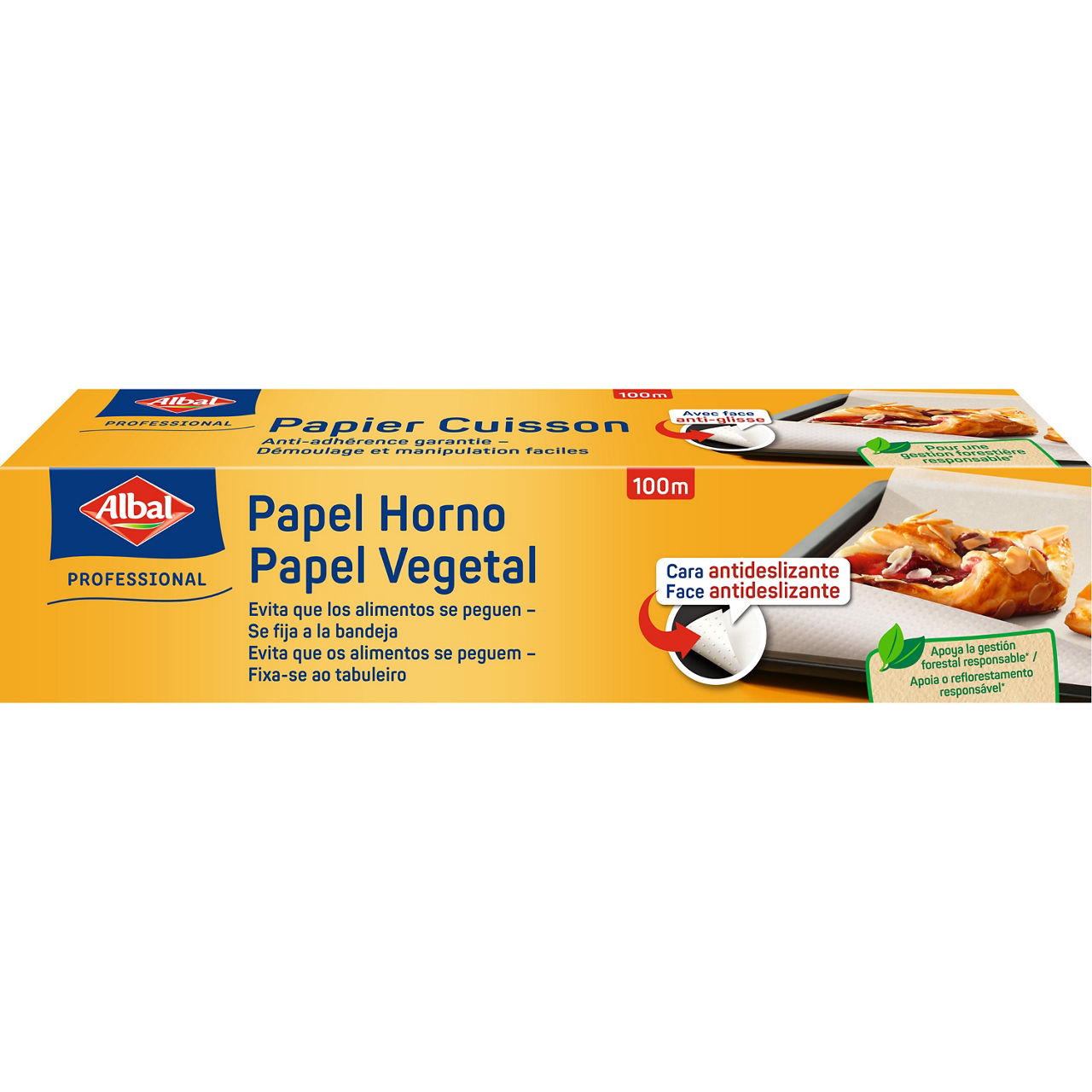 Frente da embalagem de papel vegetal profissional Albal® (100 m) com imagem do produto