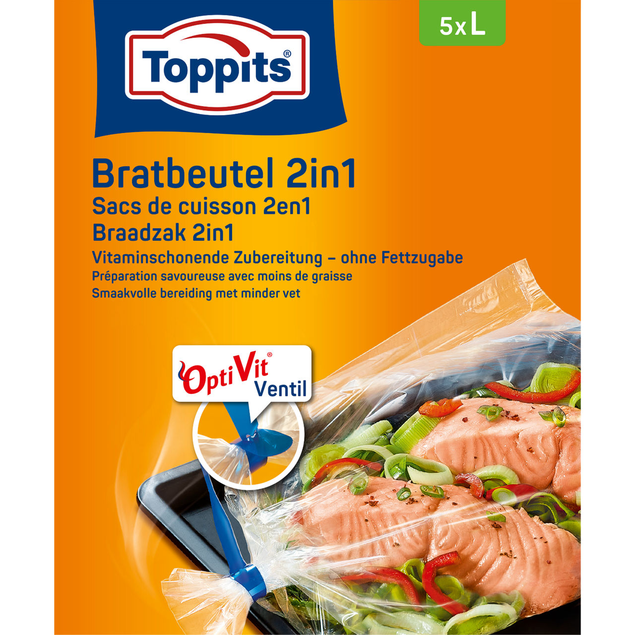 Voorkant van Toppits Braadzak 2in1, 5 grote zakken met OptiVit ventiel en afbeelding van zalm.