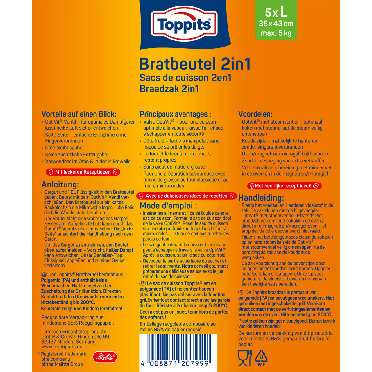 Achterkant van Toppits Braadzak 2in1 met productinformatie en gebruiksaanwijzing.