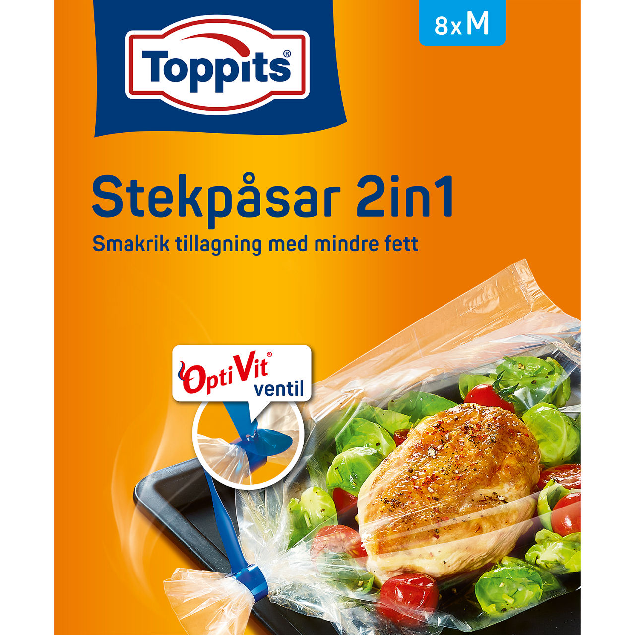 Produktbild av Toppits Stekpåsar 2in1, storlek 8xM. Förpackningen visar en stekpåse med en tillagad kyckling och grönsaker som exempel. 