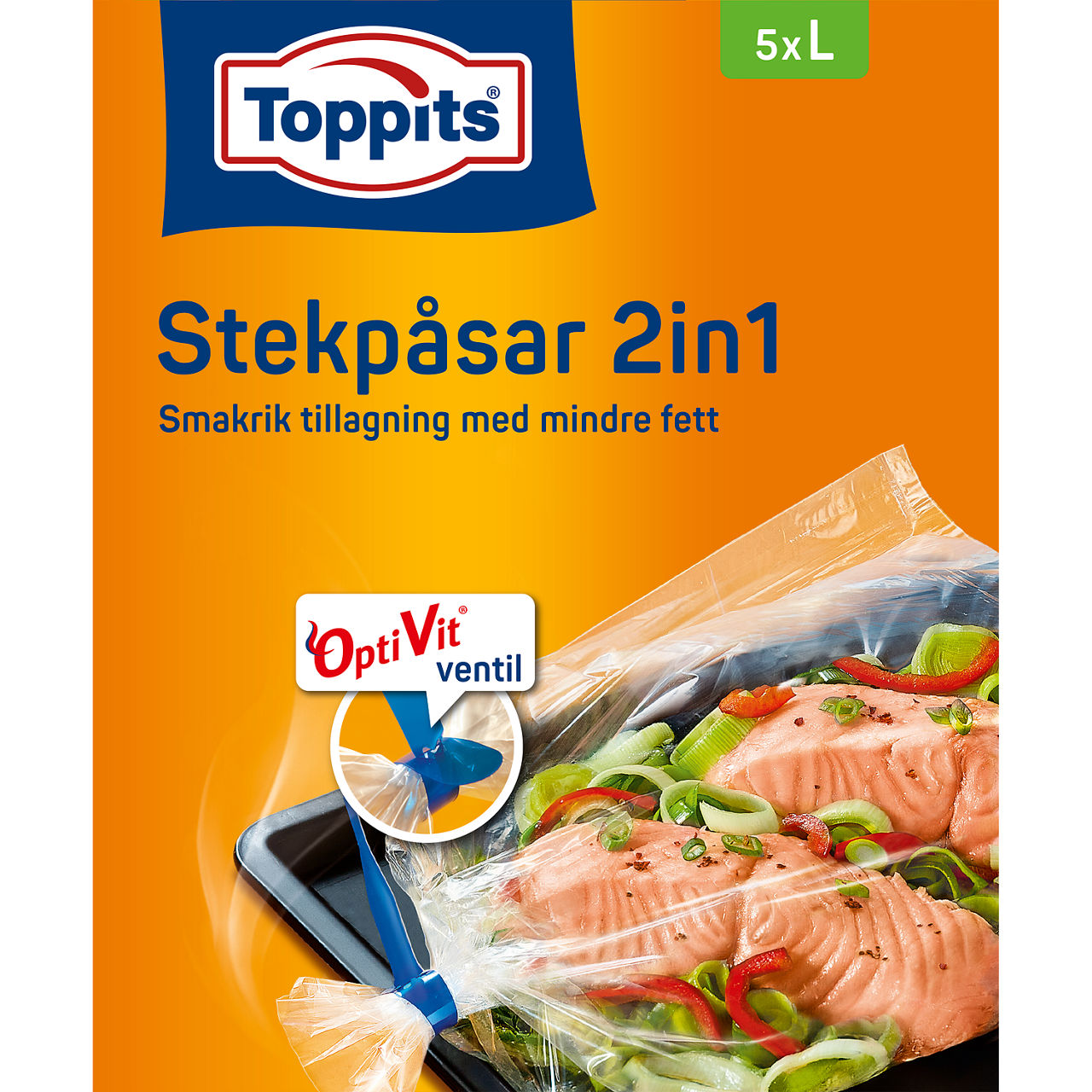 Produktbild av Toppits Stekpåsar 2in1, storlek 5xL. Förpackningen visar en stekpåse med en tillagad fisk som exempel. 