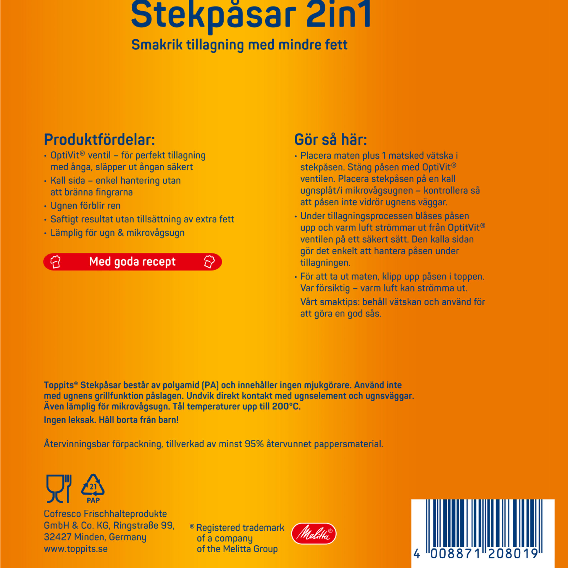 Baksidan av förpackningen Toppits Stekpåsar 2in1, storlek 5xL. Visar produktinformation, användningsinstruktioner och tillverkaruppgifter