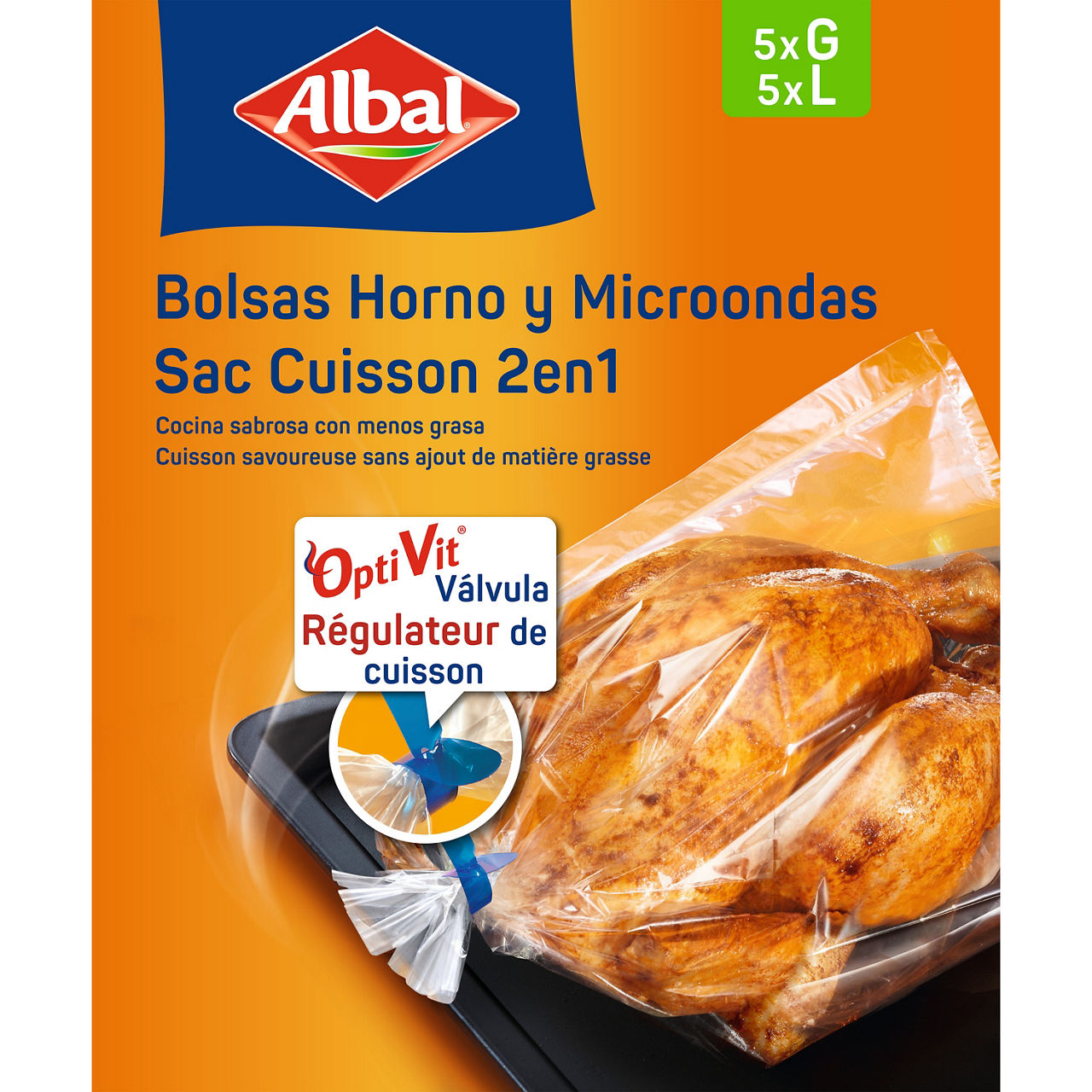 Caja de bolsas para horno y microondas grandes, con válvula reguladora de cocción y aptas para cocinar con menos grasa, contiene 5 unidades grandes y 5 unidades L.