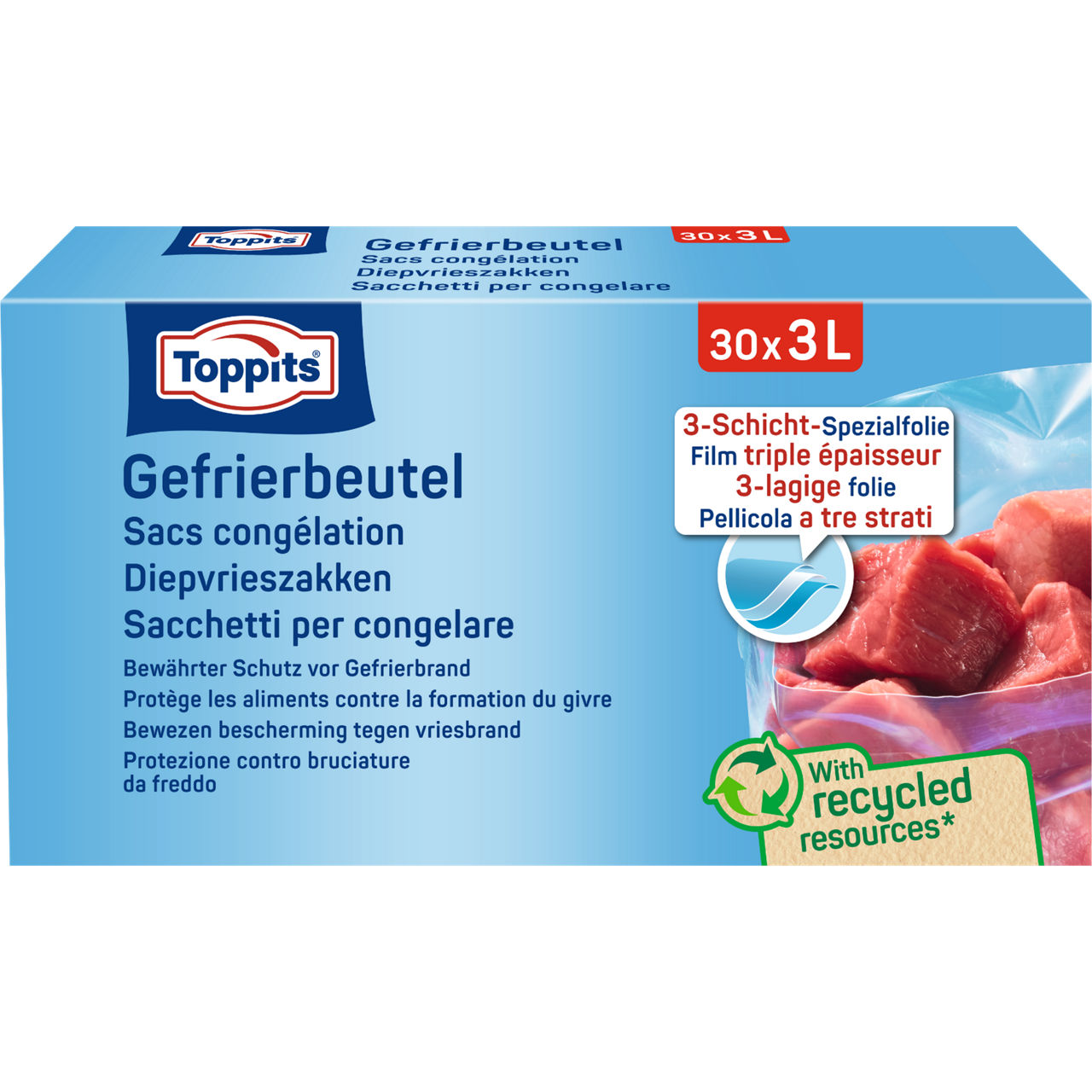 Voorkant van Toppits diepvrieszakken verpakking, 30 stuks van 3 liter, met 3-laags folie en gerecyclede grondstoffen.