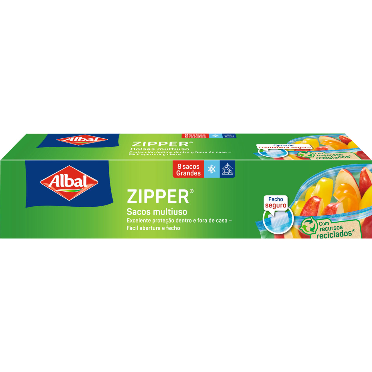 Caja de bolsas multiuso zipper grandes, con protección óptima dentro y fuera de casa, fácil apertura y cierre, fabricadas con materiales reciclados, contiene 8 unidades.