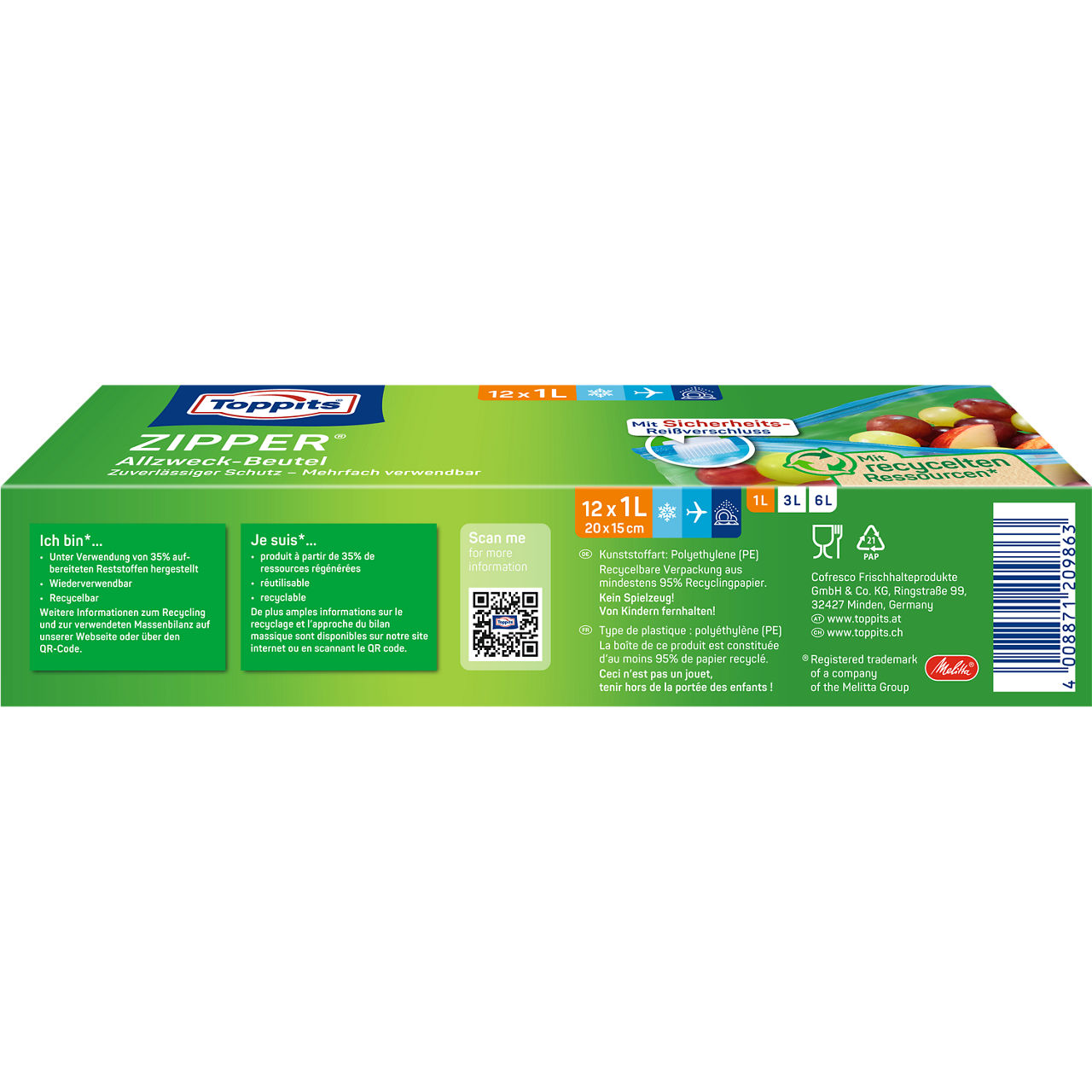 Toppits Zipper Beutel (12 x 1L) Verpackungsrückseite 
