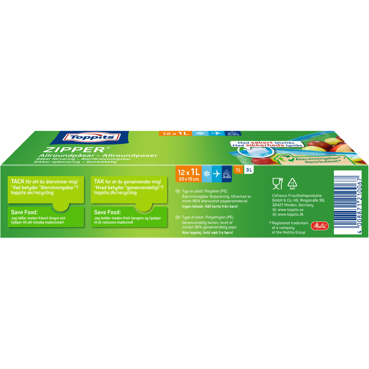Toppits Zipper-påsar baksida förpackning 12x 1L 