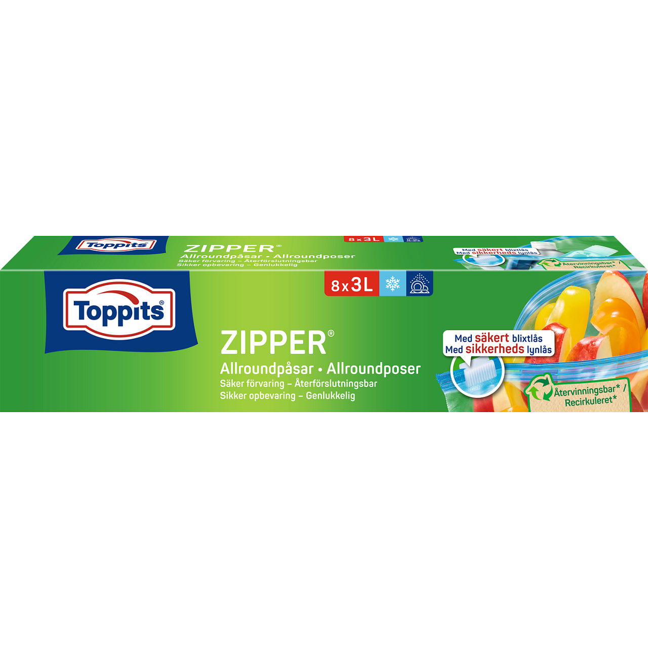 Forside af Toppits® Zipper® emballage, 8x3L poser, produktbillede på hvid baggrund