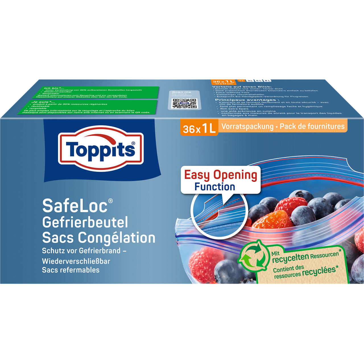 Toppits SafeLoc Gefrierbeutel 36 x 1L - Verpackung Vorderseite