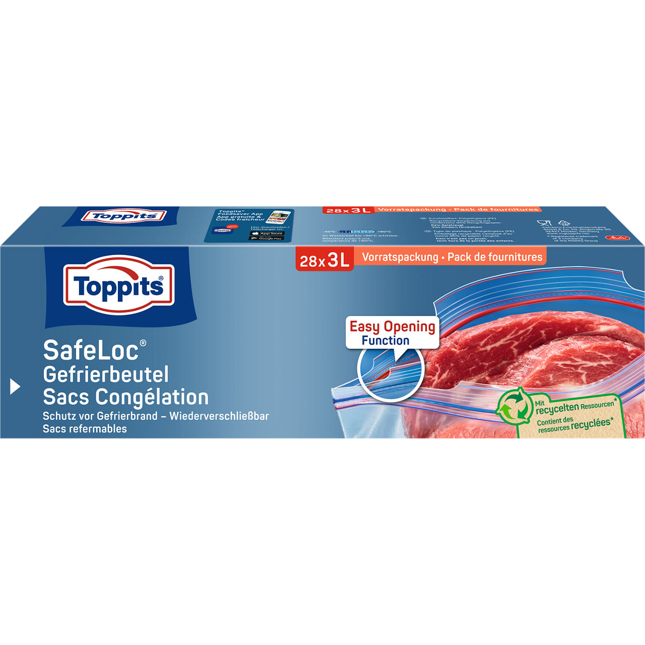 Toppits SafeLoc Gefrierbeutel 28 x 3L - Vorratspackung Verpackung Vorderseite