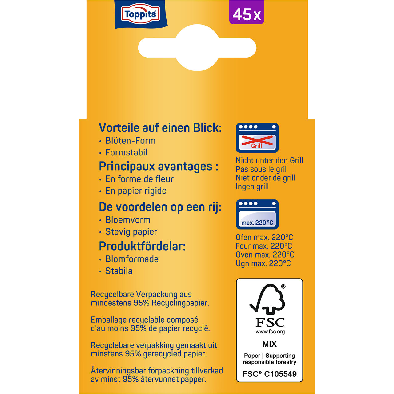 Bagsiden af Toppits® Muffins papirforme, 45 stk., emballage med produktinformation og brugsanvisning