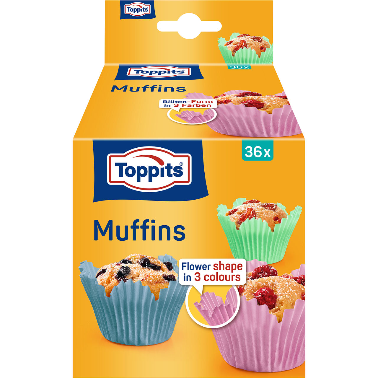 Emballage af Toppits® Muffins papirforme, 36 stk., med farverigt design