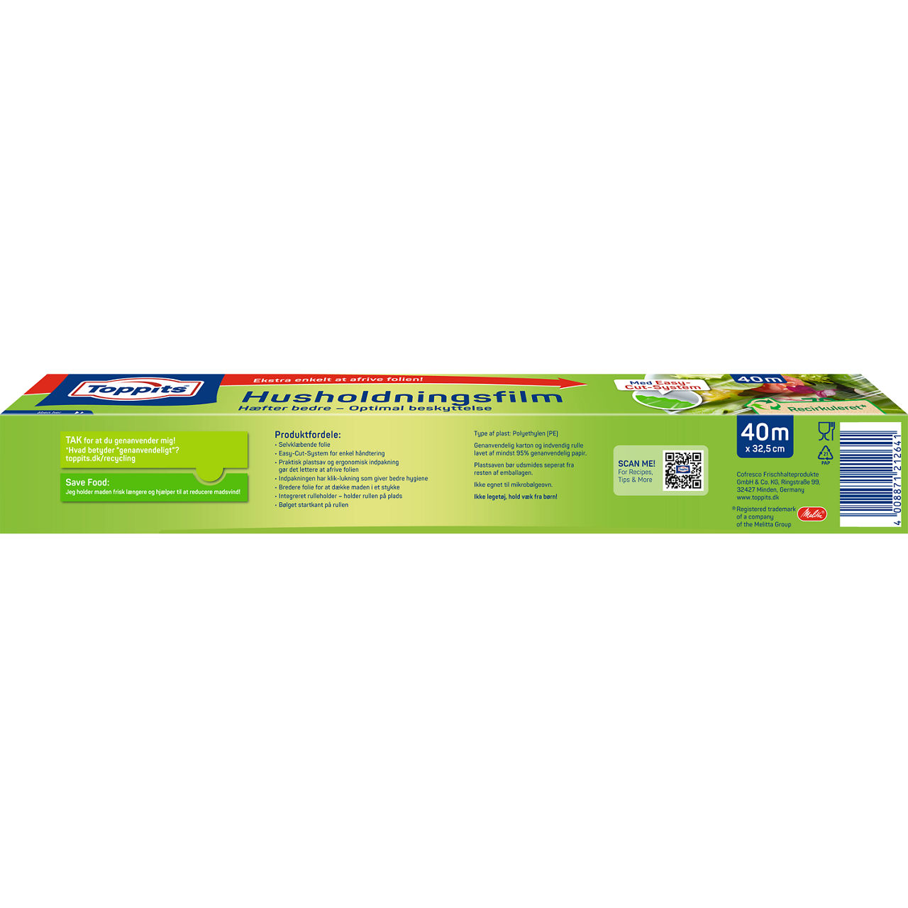 Bagsiden af Toppits® husholdningsfilm emballage, 40 meter, med produktinformation