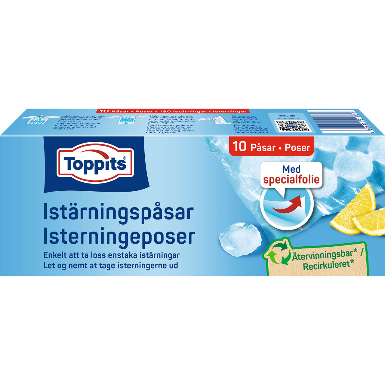 Emballage af Toppits® IceCubeBags, 10 poser, med produktinformation