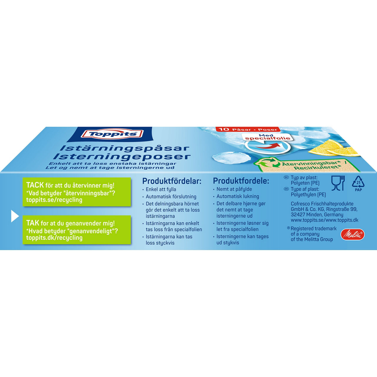 Bagsiden af Toppits® IceCubeBags emballage med produktinformation og bæredygtighedsoplysninger