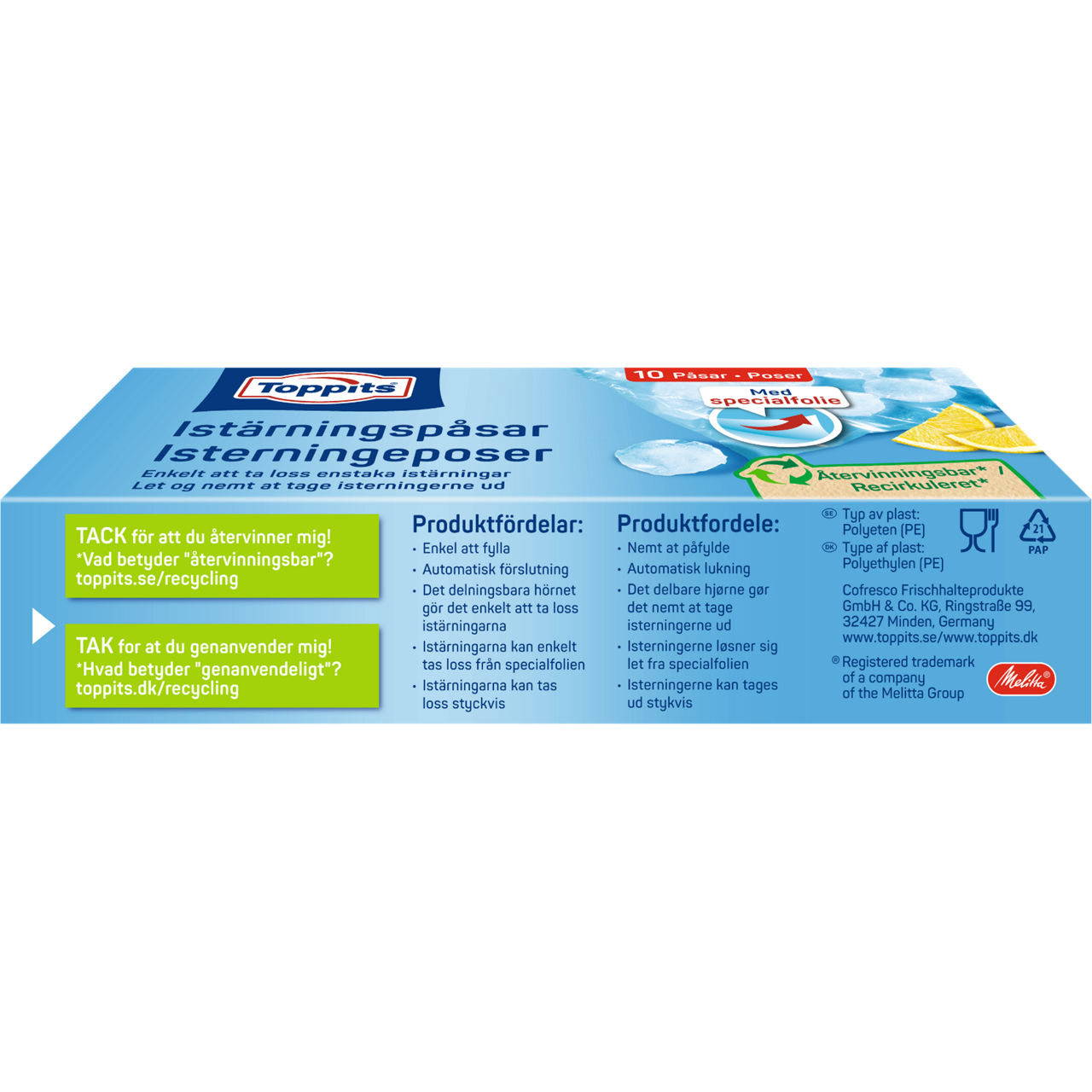 Baksidan av förpackningen Toppits(R) Istärningspåsar – Smidiga och hygieniska isbitar. 
