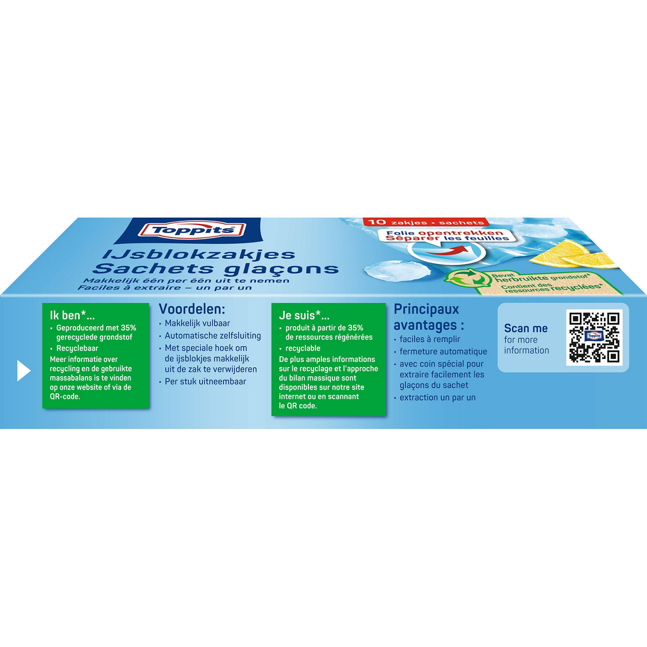 Achterkant van Toppits ijsblokzakjes verpakking, 10 zakjes, met productinformatie en voordelen 