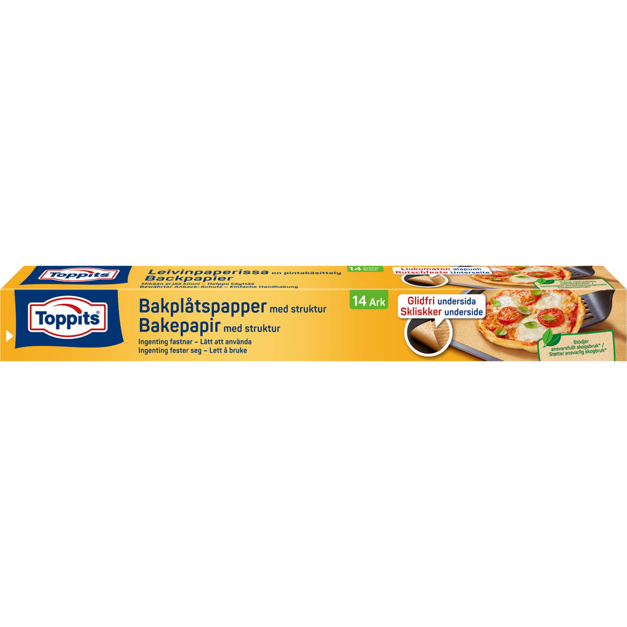 Upptäck Toppits Bakplåtspapper med struktur – bakpapper med glidfri undersida som gör bakningen enklare. Ingenting fastnar, och arken är lätta att använda. Perfekt för pizza och bakning. Stödjer ansvarsfullt skogsbruk. 14 ark per förpackning.  