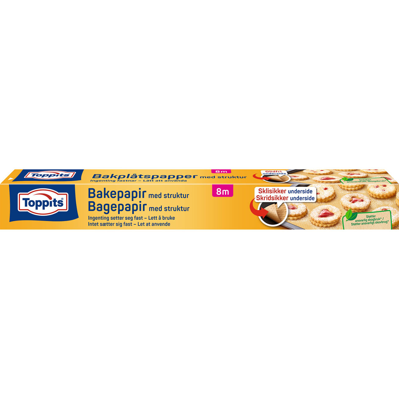 Produktbild av Toppits® bakplåtspapper-rulle (8 meter) med strukturerad yta. Förpackningen visar bakplåtspapper och flera bakade kakor som exempel