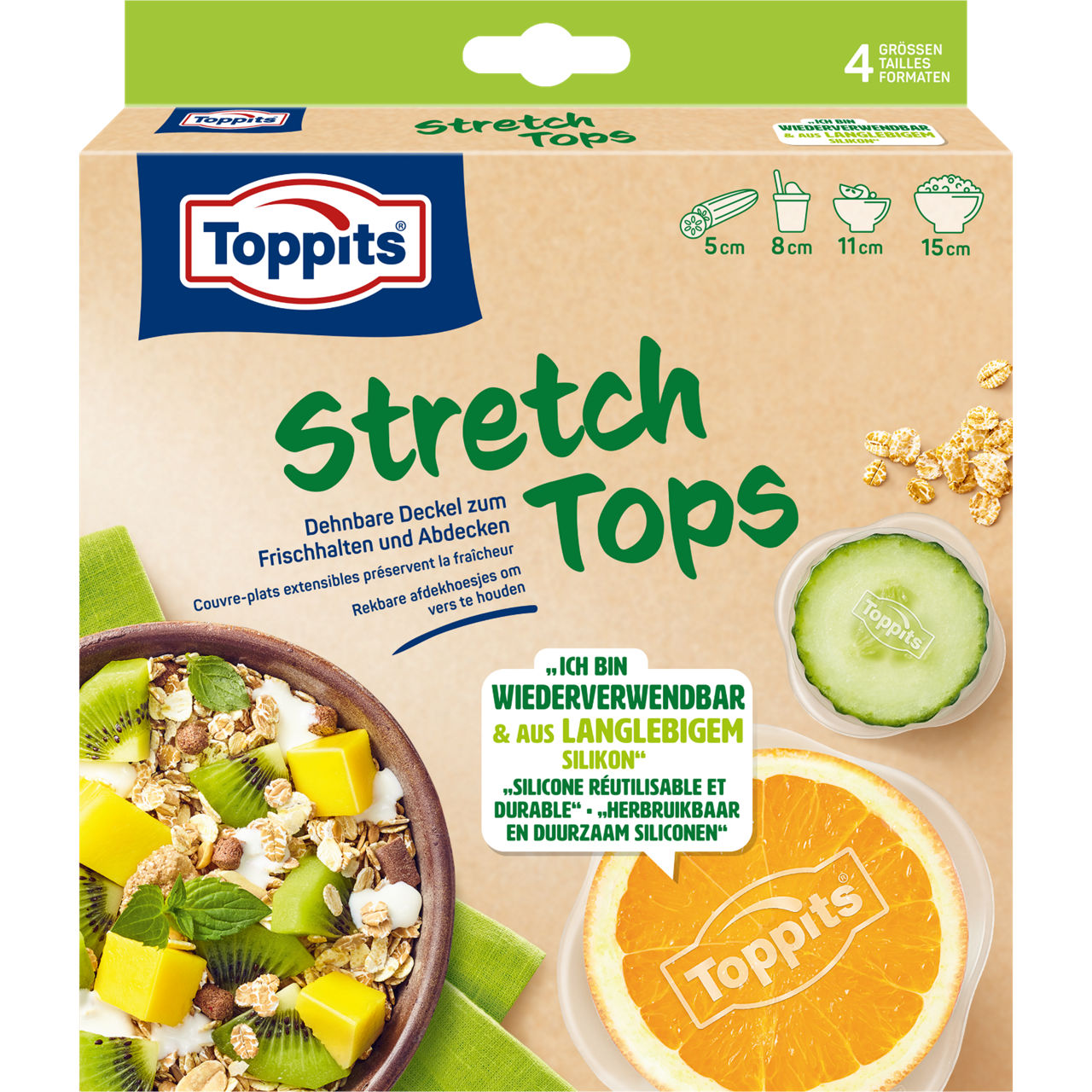 Voorkant van Toppits Stretch Tops set met vier formaten herbruikbare siliconen deksels.