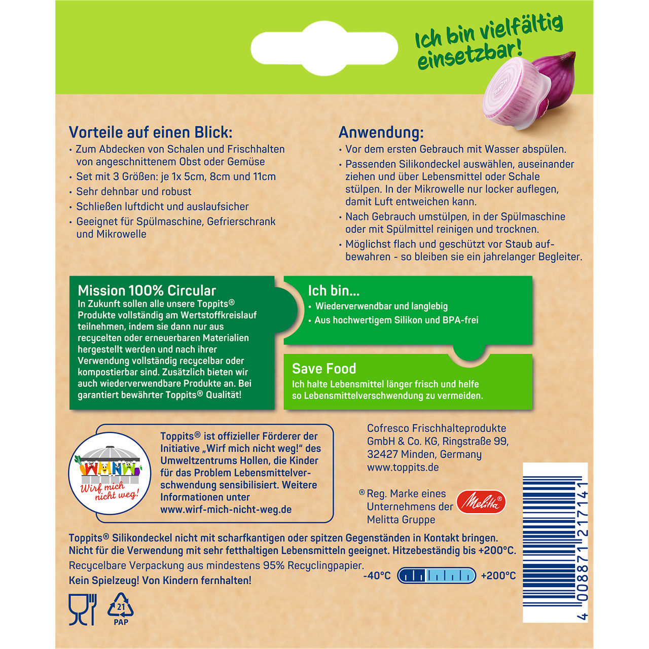 Toppits Silikondeckel Set S Verpackung Rückseite