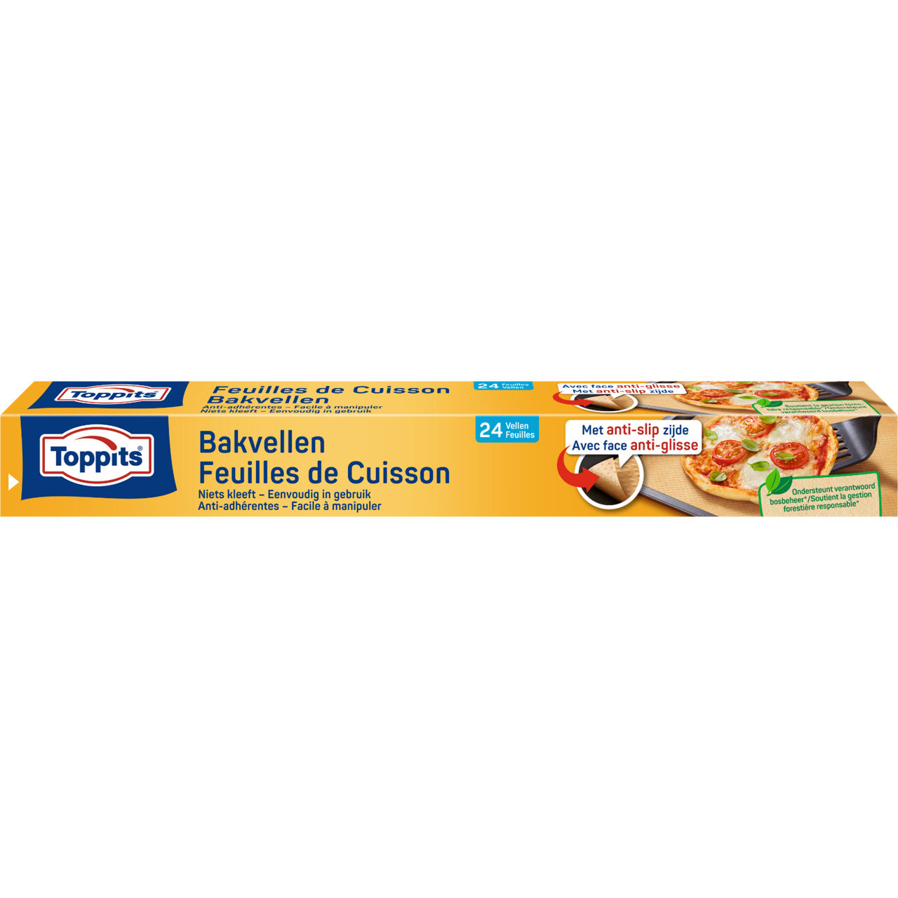 Voorkant van Toppits bakvellen verpakking, 24 vellen, met anti-slip zijde en afbeeldingen van pizza.