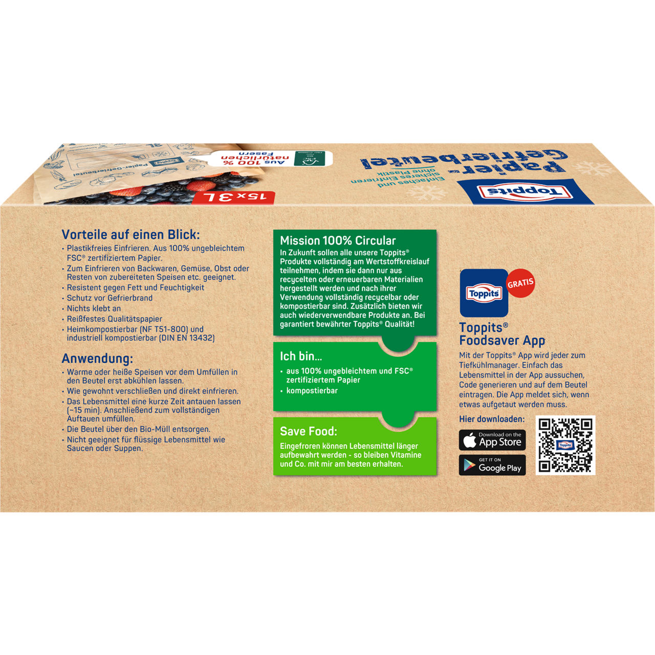 Toppits Papier- Gefrierbeutel 15x3L - Verpackung Rückseite