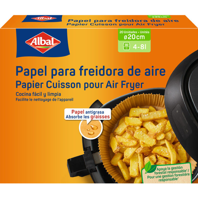 Albal, Air fryer baking paper 20cm, new flash removal 2025, Packshot, ES, FR, GS1