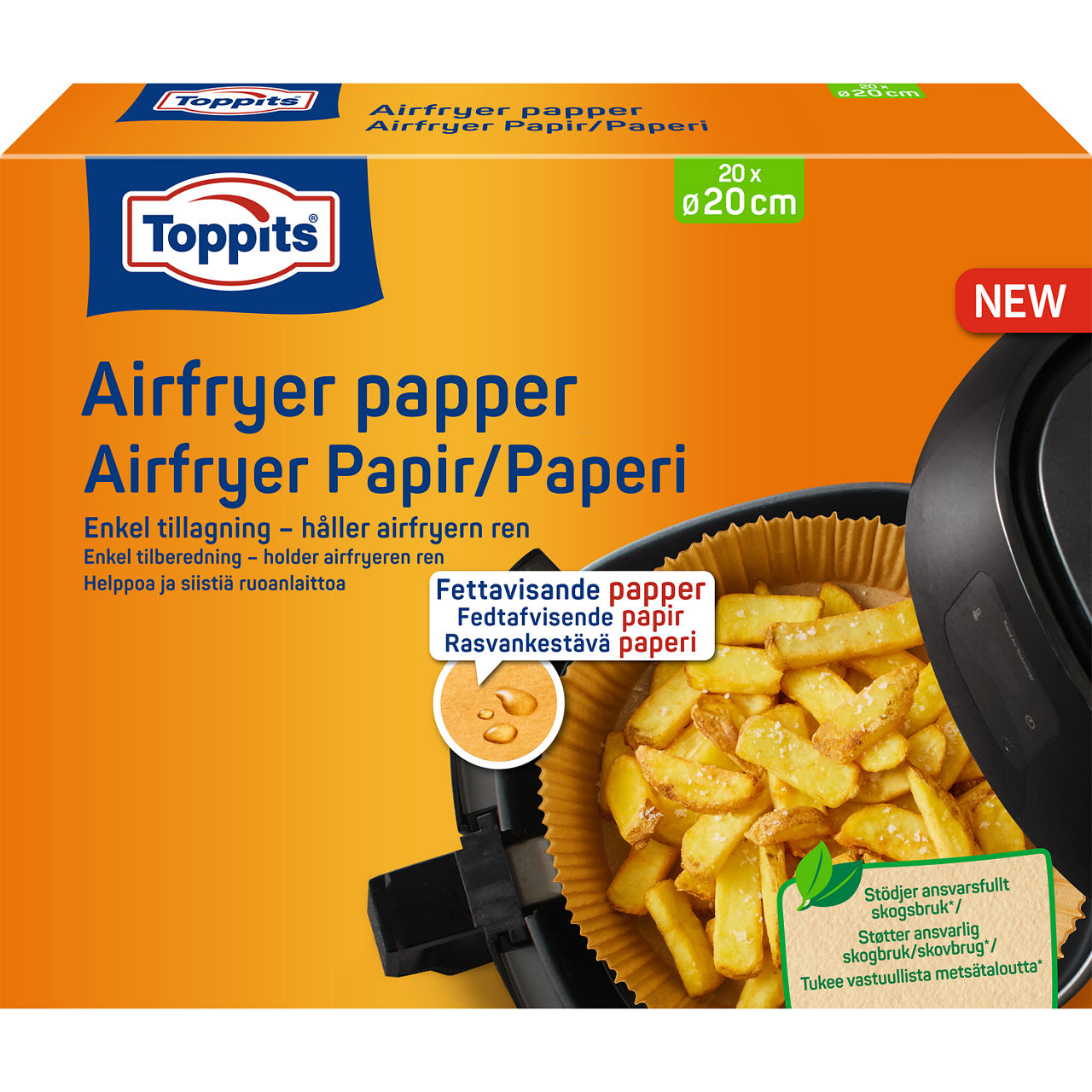 Forsiden af Toppits® AirFryer bagepapir emballage med produktbillede og brugsanvisning