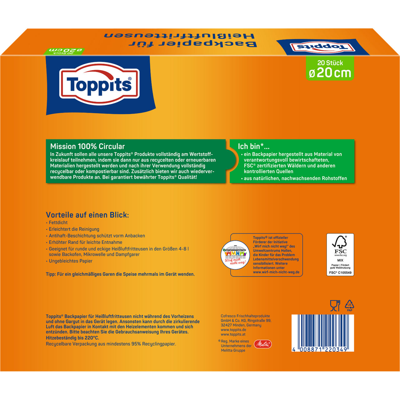 Toppits Airfryer Bakingpaper 20cm Verpackung Rückseite DE