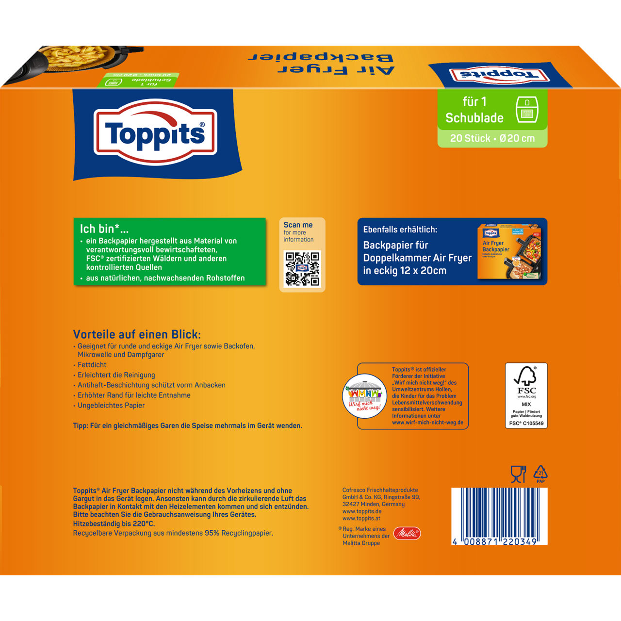 Toppits Airfryer Bakingpaper 20cm Verpackungsrückseite