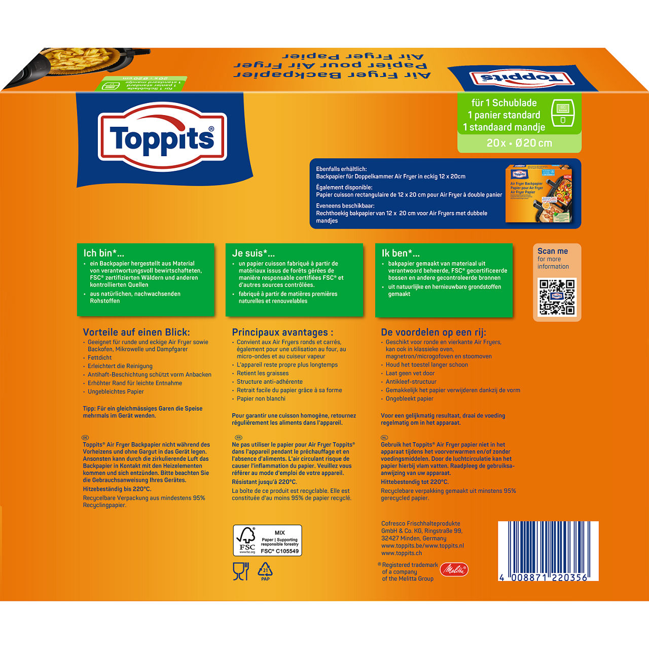 Toppits® Air Fryer bakpapier verpakking, ronde variant, achterkant met productinformatie