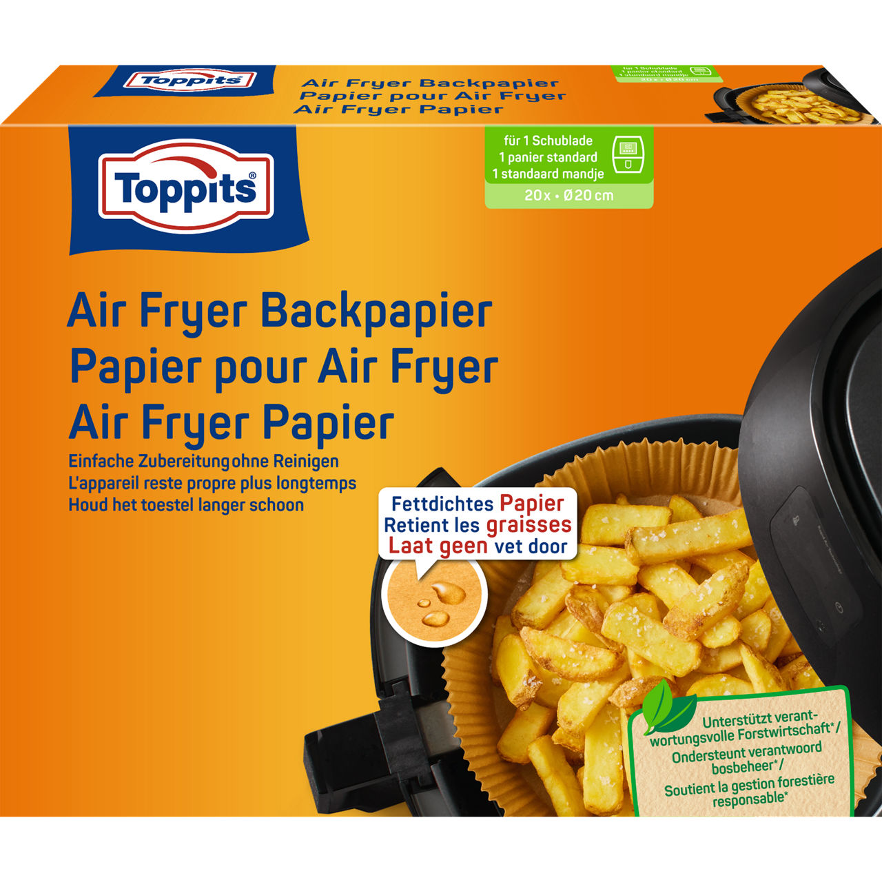 Toppits Airfryer Backpapier Verpackung Vorderseite (20 Stück, Ø 20 cm) Schweiz