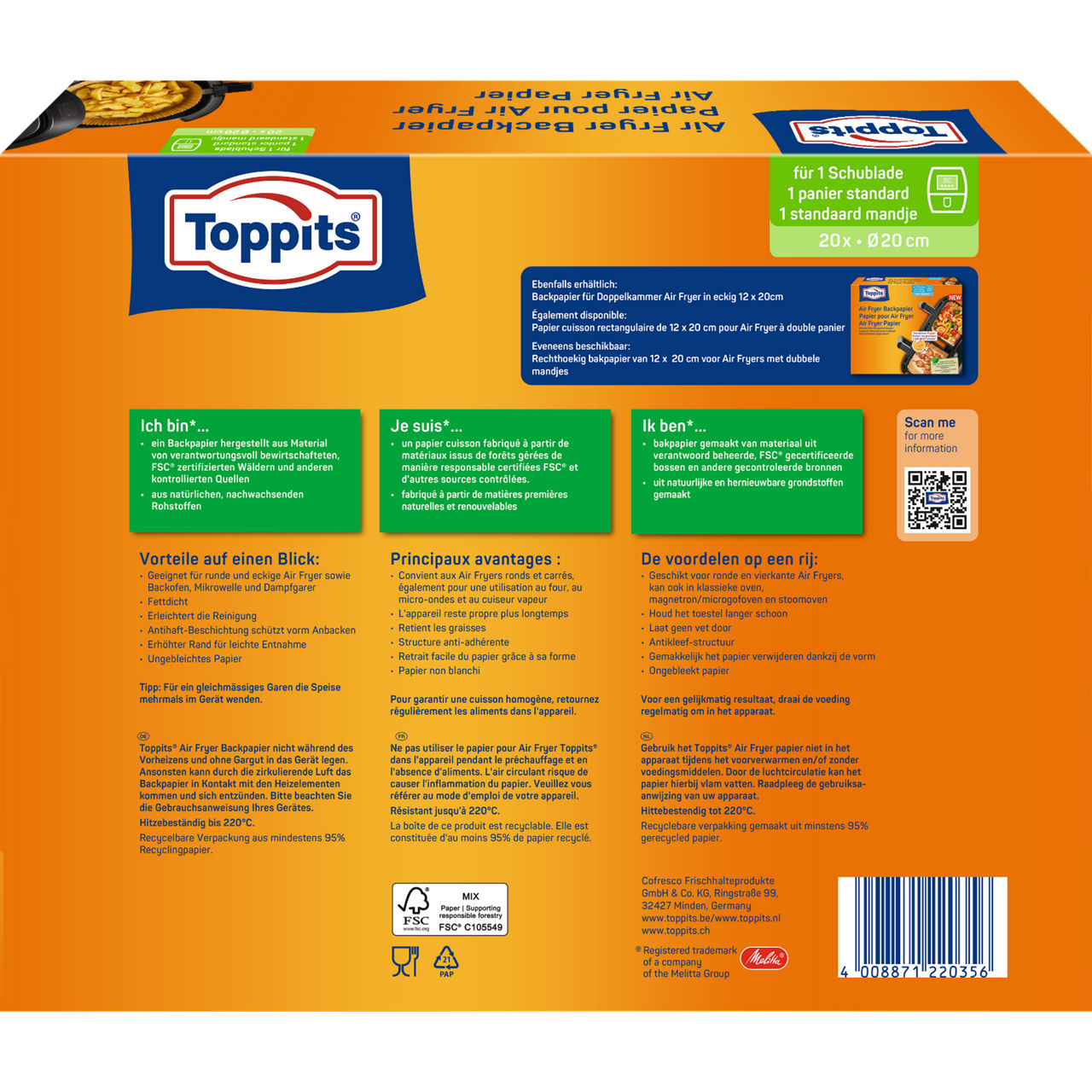Toppits Airfryer Backpapier Verpackung Rückseite (20 Stück, Ø 20 cm) Schweiz