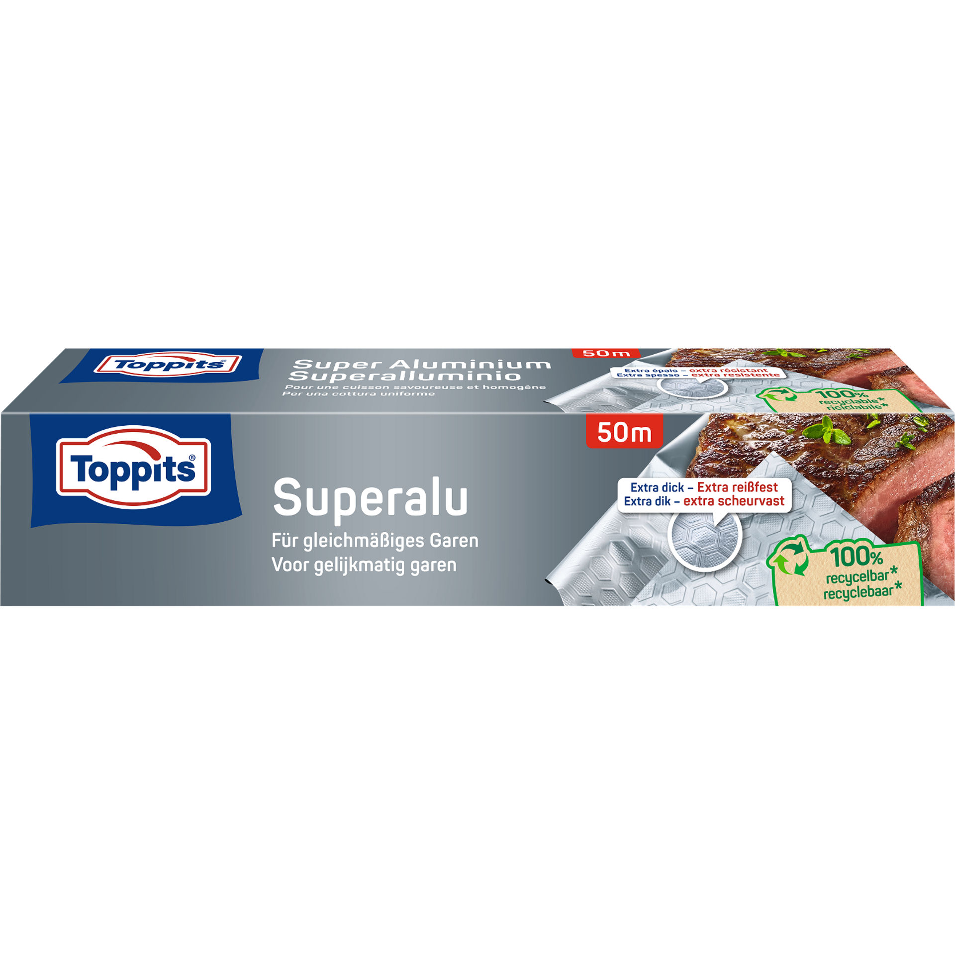 Voorkant van Toppits Superalufolie 50m met afbeelding van aluminiumfolie en vlees.