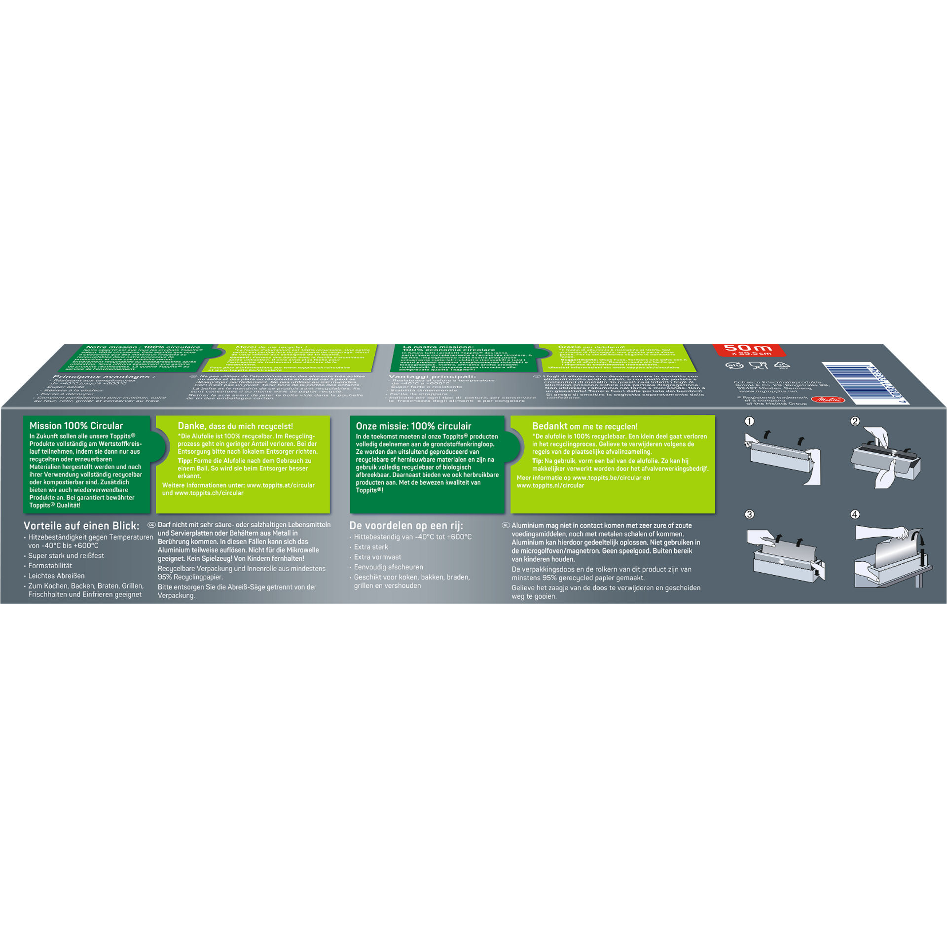 Achterkant van Toppits Superalufolie 50m met info over circulariteit en gebruik.