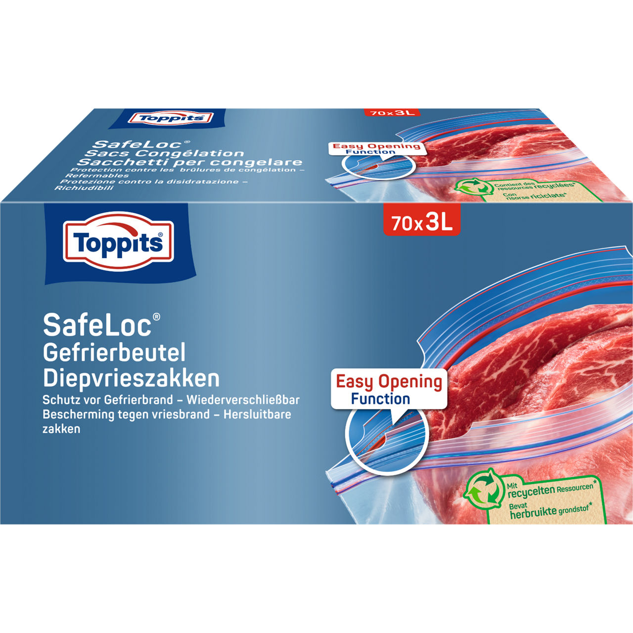  Voorkant van Toppits SafeLoc diepvrieszakken 70x3L met Easy Opening en afbeelding van vlees.
