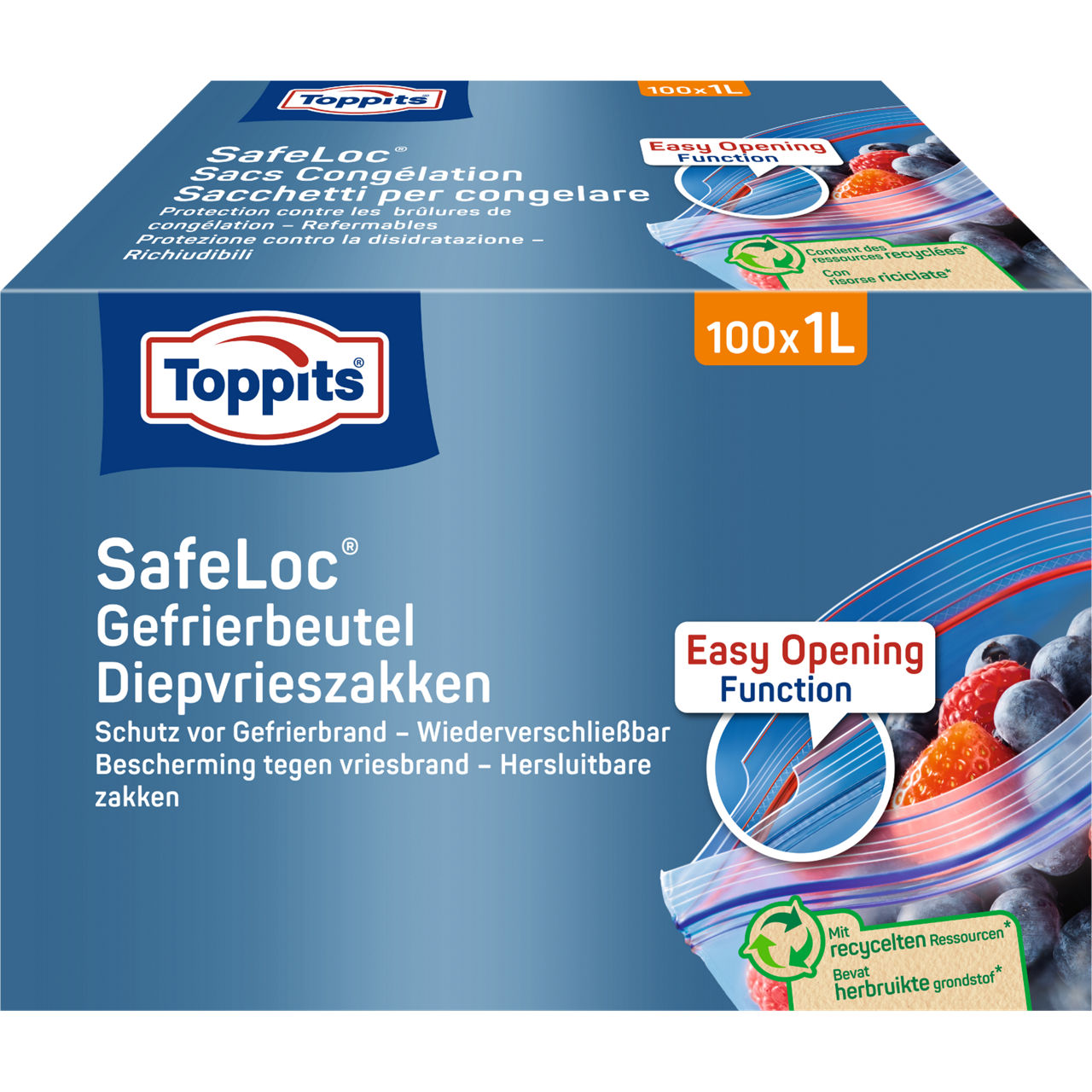 Voorkant van Toppits SafeLoc diepvrieszakken 100x1L met Easy Opening en afbeelding van fruit.