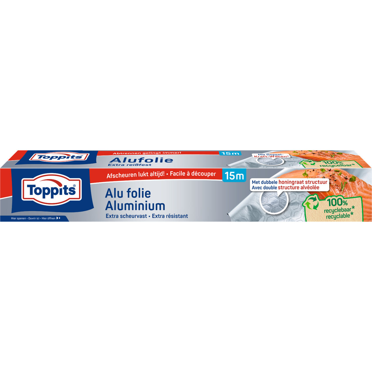 Voorkant van Toppits aluminiumfolie verpakking, 15 meter, extra scheurvast en 100% recyclebaar.
