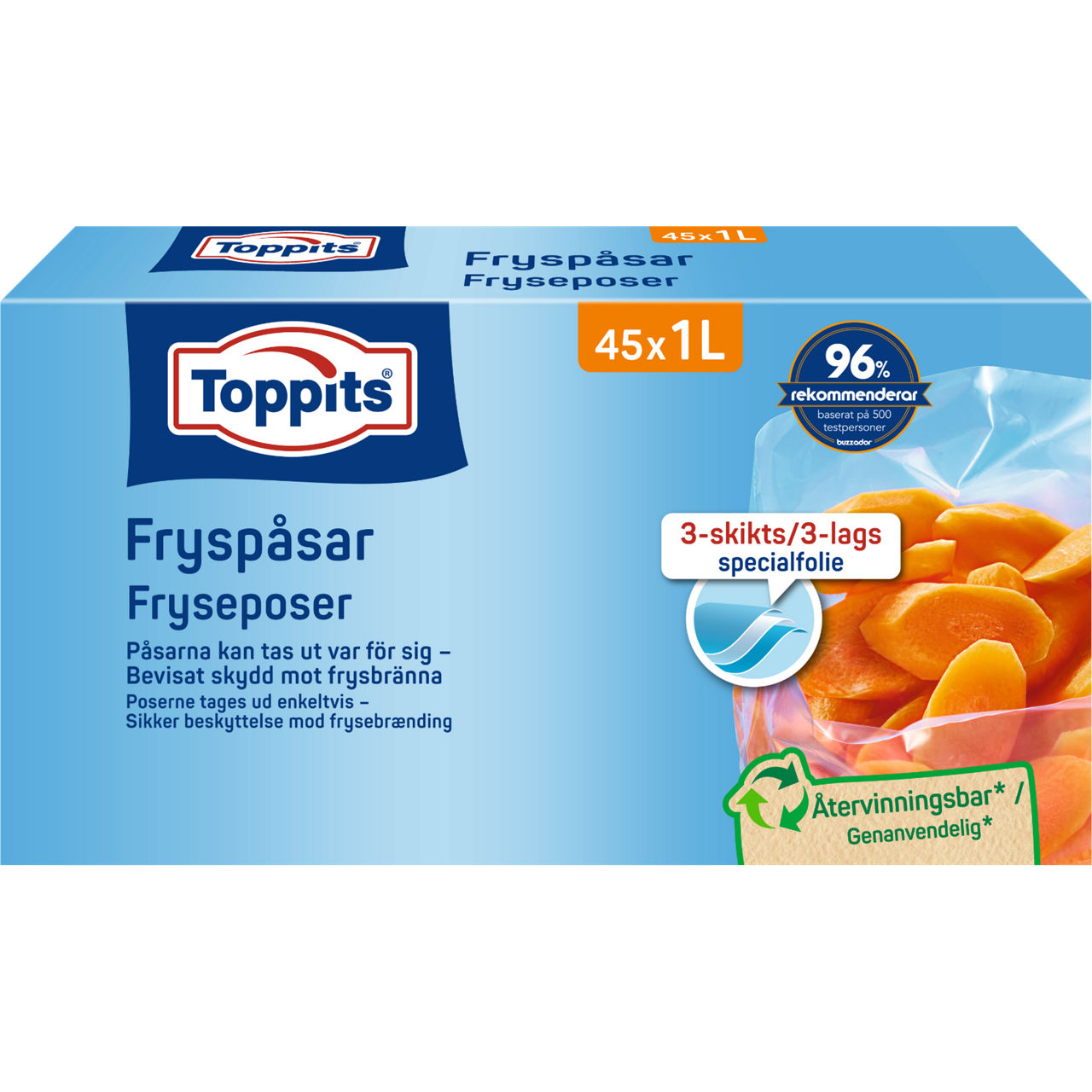 Upptäck Toppits fryspåsar med 3-lags specialfolie – bevisat skydd mot frysbränna och enkel hantering. Perfekt för säker och hållbar förvaring av mat i frysen. Återvinningsbara och miljövänliga påsar som håller maten fräsch längre.