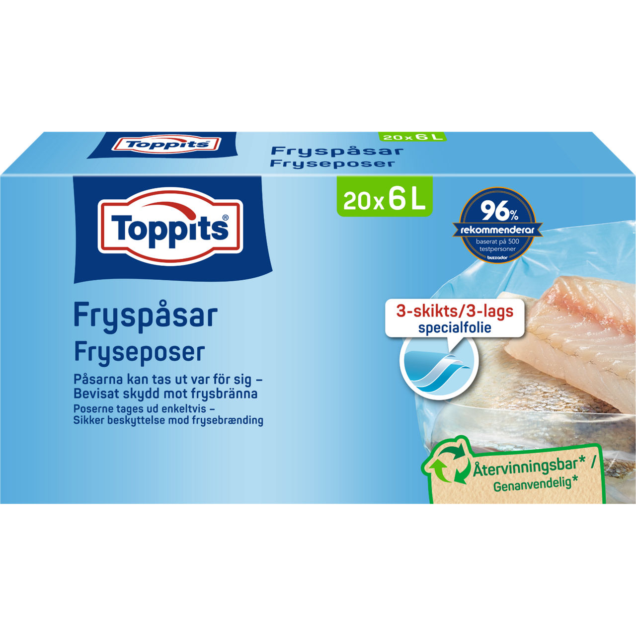 Upptäck Toppits fryspåsar med 3-lags specialfolie – bevisat skydd mot frysbränna och enkel hantering. Perfekt för säker och hållbar förvaring av mat i frysen. Återvinningsbara och miljövänliga påsar som håller maten fräsch längre.