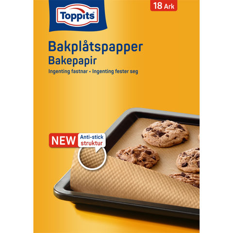 Produktbild av Toppits® bakplåtspapper-förpackning med 18 ark. Förpackningen visar en bakplåt med kakor som exempel