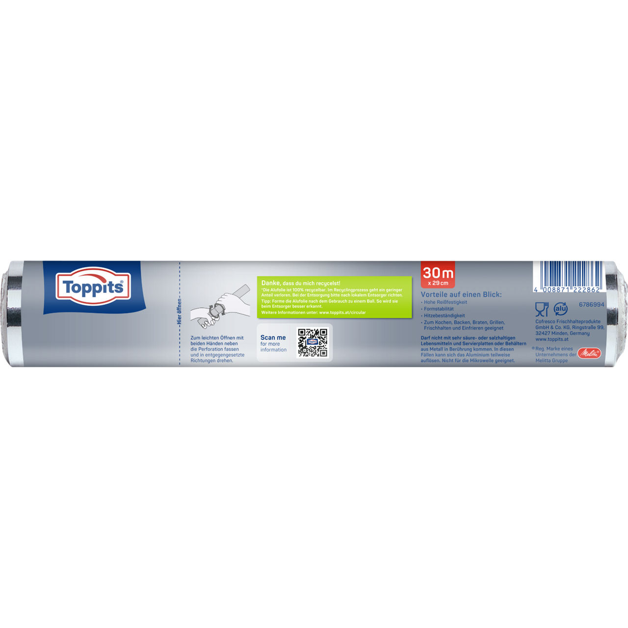 Toppits Alufolie Rolle 30m Verpackungsrückseite