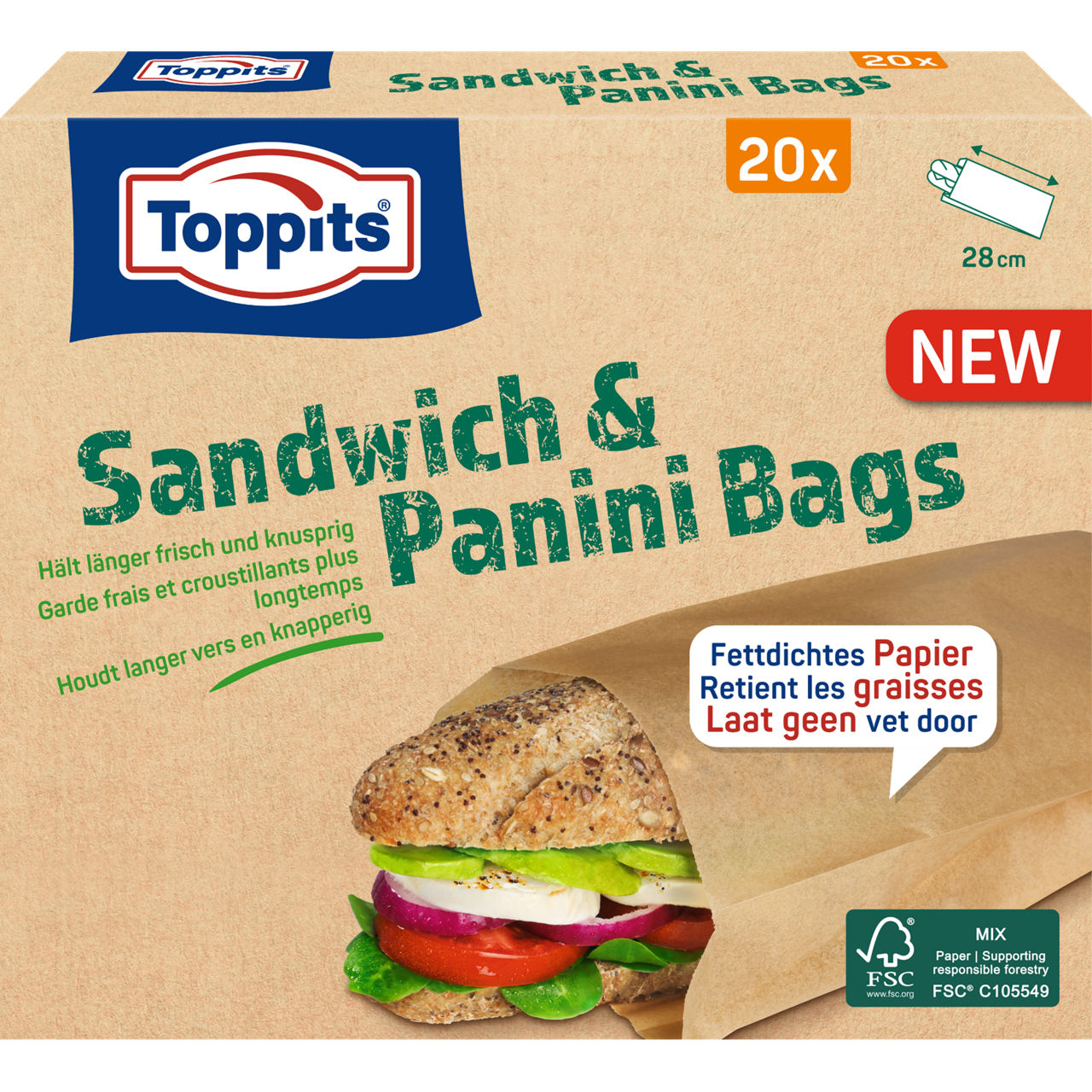 Voorkant van Toppits Sandwich & Panini Bags, met sandwich in papieren zak.